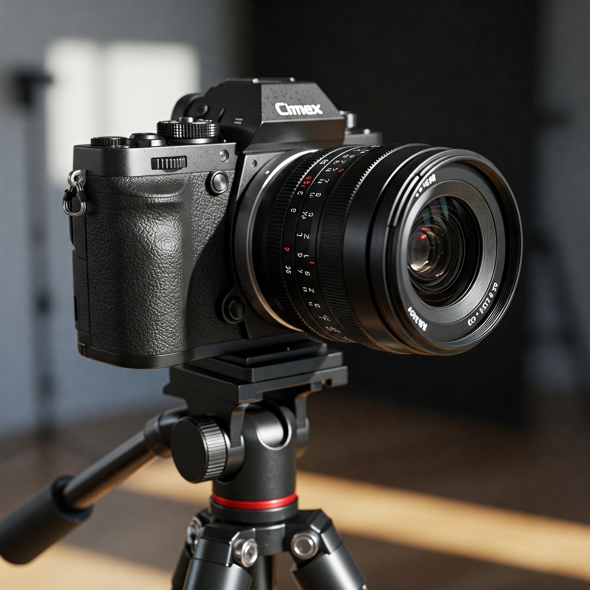 Kamera, fastobjektiv og stativ